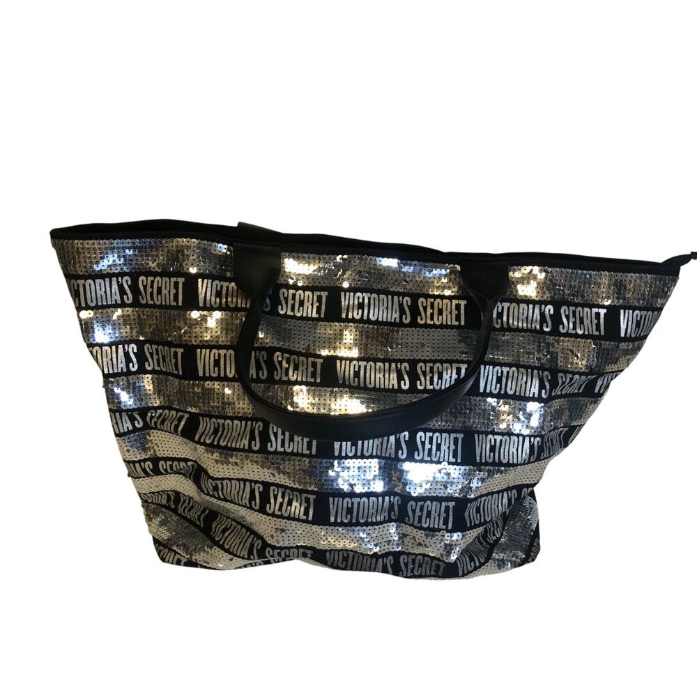 Victorias Secret Black Silver Sequin Tote Bag Dual Handles